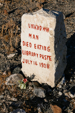 Goldfield, Nevada, USA  Historic grave marker with humorous inscription desert ghost town