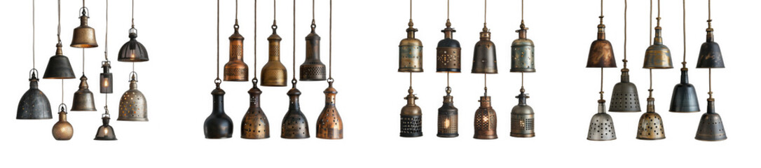 Obraz premium Collection of vintage bronze bells and antique hanging metal pendant isolated on transparent background
