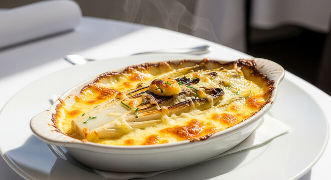 Golden bubbling chicon au gratin in white porcelain casserole, gourmet cuisine and fine dining experience