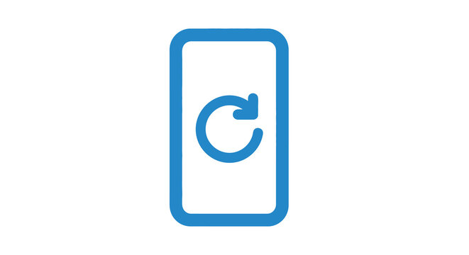 A blue smartphone screen displays a circular refresh icon indicating loading or syncing high quality professional