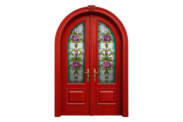 Obraz premium Ornate arched red double door featuring decorative floral stained glass panels, classic entryway and design element with transparent background