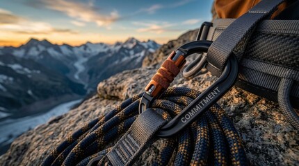 A detailed view of climbing equipment, including a carabiner with the word 'COMMITMENT' engraved, connected to orange webbing and a harness, set against a rocky mountain backdrop
