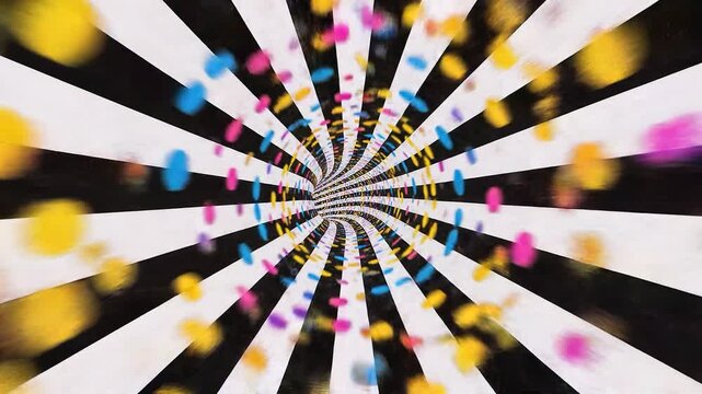 Vibrant swirling tunnel animation dots and lines. A captivating spiral animation featuring vibrant colors and sparkling stars, creating a hypnotic and visually engaging experience. Perfect for backgro