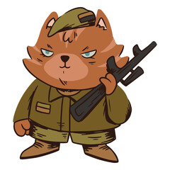 Cartoon cat in a military uniform holding a gun © Vexels