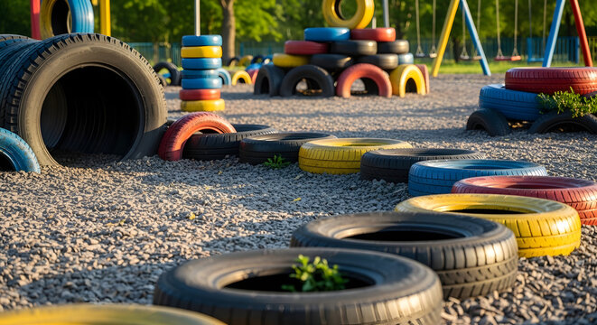 Colorful playground made of recycled tires in sunny outdoor setting  