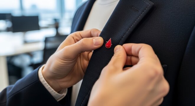Businessman putting on cufflink office.