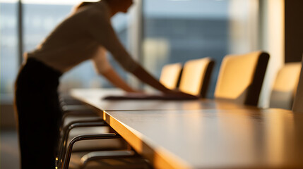 Fototapeta premium Professional worker prepare boardroom for meeting, corporate event. Elegant office space with ample natural light create a positive atmosphere