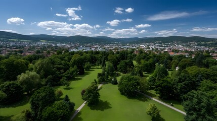 Fototapeta premium Aerial view of a lush green park overlooking a town nestled in a valley with rolling hills