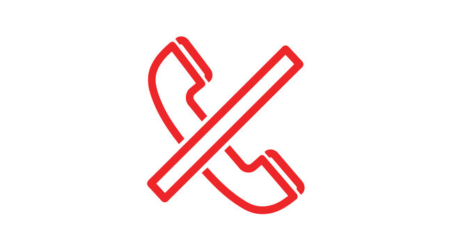 A minimalist red graphic depicts a crossed out telephone handset symbolizing disconnection or denial high quality professional