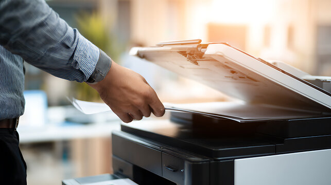 Professional Business Person Copy Document on Multifunction Machine in Modern Office. Employee Work with Printer Device for Scan or Print Paperwork