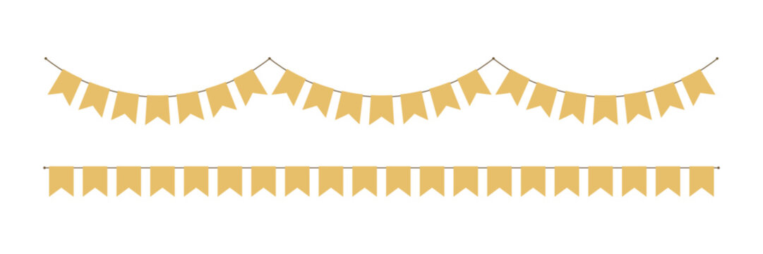 Golden flag party bunting border. Gold festive flag garland. Birthday party bunting. Yellow ribbon chain. Carnival banner. Design element. Vector illustration isolated on white background.