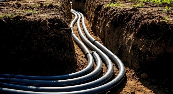 Buried geothermal heating pipe system for renewable energy installation project. Geothermal heating pipe infrastructure visible in ground trench, showing multiple pipes for efficient heat exchange.