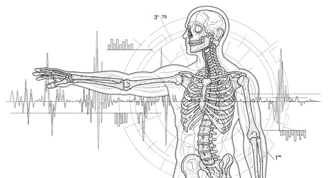 Detailed Human Skeleton Anatomy with Extended Arm and Digital Interface.
