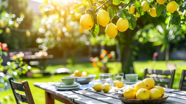 Charming rustic wooden table arranged with bowls and cloths beneath a sunlit lemon tree grove