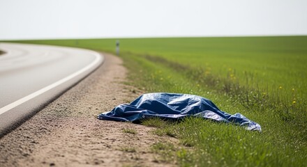 Animal carcass covered with tarp on roadside in green field. Wildlife preservation highlights impact of roads on animals, emphasizing need for safe transportation. Concept animal safety near highways.