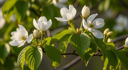 Fototapeta premium Beautiful white flowers blooming on a tree branch with green leaves in springtime