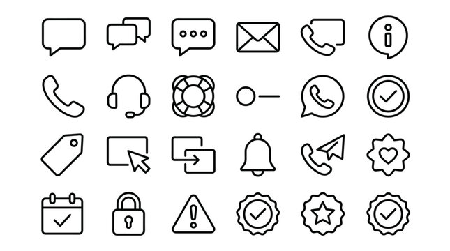 Set of 30 Black Outline Communication and User Interface Icons Vector