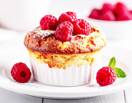 Raspberry popover, homemade food, white plate, closeup. AI