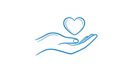 Fototapeta premium A blue line drawing depicts an open hand gently holding a heart shape high quality professional