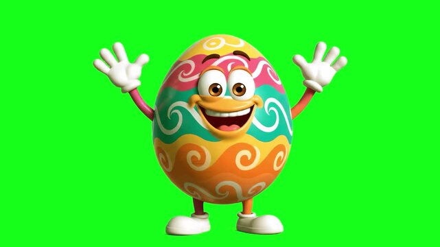 A happy 3D animated orange Easter egg character performing a fun dance. Featuring bright patterns and a big smile, this mascot is isolated on a green screen for seasonal holiday content.