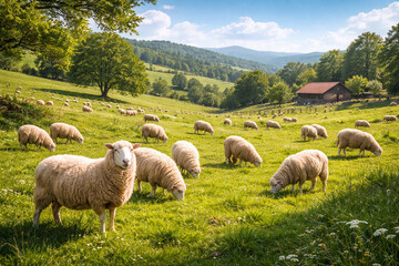 Obraz premium Peaceful domestic sheep graze in a vibrant green meadow, with rolling hills and a rustic barn under a clear blue sky, an idyllic rural view