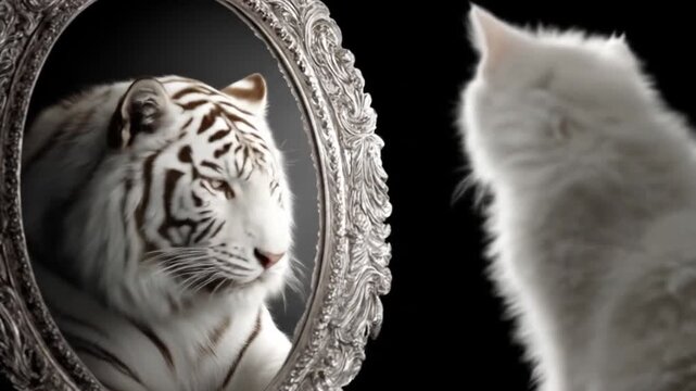 Cat contemplating reflection as white tiger with dark background