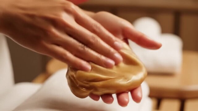 Spa Wax Treatment. Calming Hands Massage With Warm Wax. Serene Spa Setting With Soothing Warm Paraffin Application. Luxurious Massage Involving Gentle Wax Coating And Tranquil Spa Environment