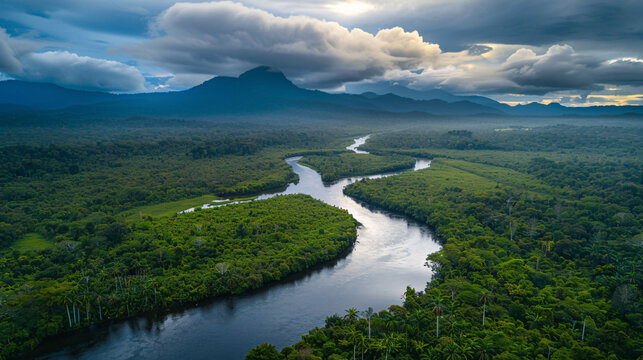 Aerial view of winding river through dense tropical rainforest and mountains