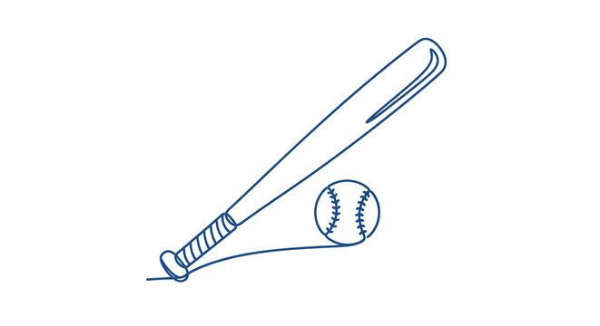 Simple line drawing depicts a baseball bat resting near a baseball on white high quality professional