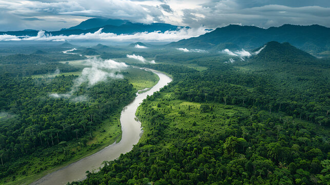 Aerial view of winding river through dense tropical rainforest and mountains
