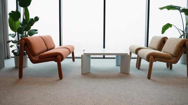 Modern minimalist lobby with designer sofas