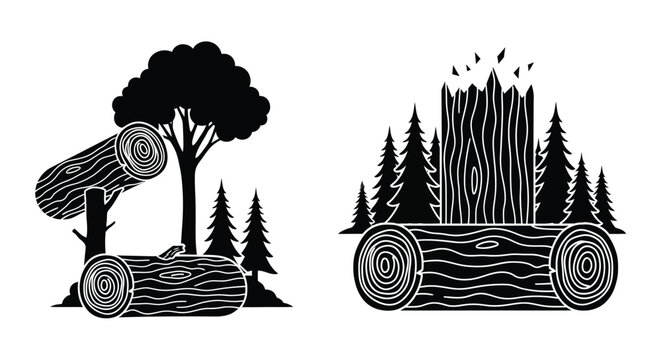 Stylized black and white illustration of felled trees and a lumber stack