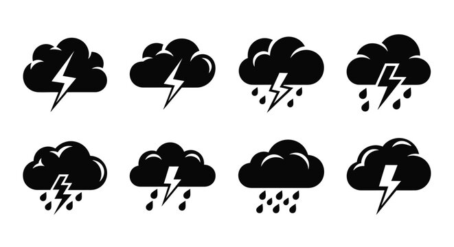 Black and white vector icons depicting stormy weather and lightning bolts