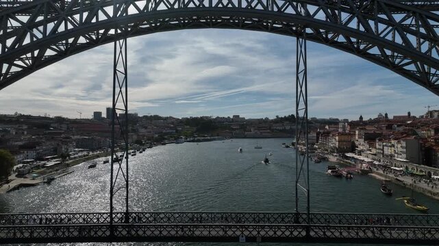 Cinematic View of Porto from Dom Lu&iacute;s I Bridge above the Duero river.