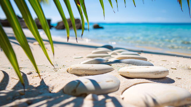 Smooth white stones on tropical sandy beach with turquoise ocean and palm