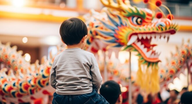 Young boy watching dragon dance performance.