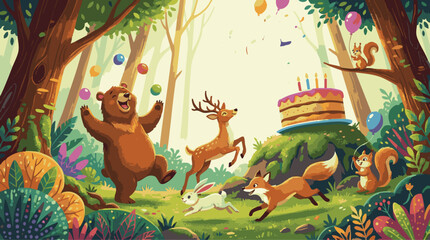 Naklejka premium Animals Celebrating a Forest Birthday Party with Cake and Balloons