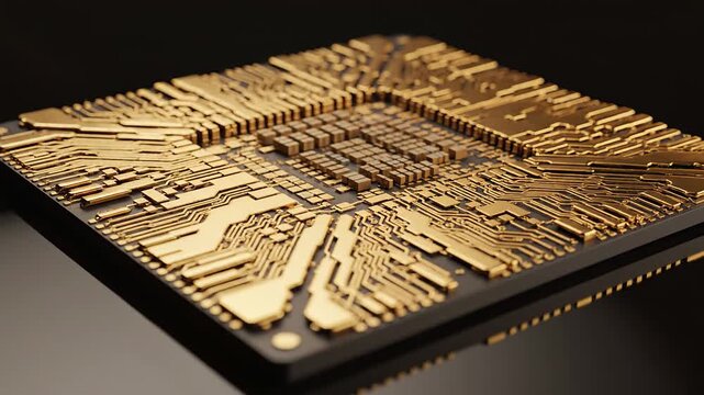 Closeup of a golden quantum computer chip representing advanced technology and artificial intelligence.