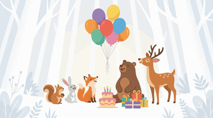 Naklejka premium Forest Animals Celebrating a Birthday Party in a Snowy Winter Wonderland