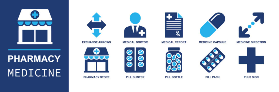 Pharmacy medicine icon set. Containing exchange arrows, doctor, medical report, capsule, pharmacy store, pill blister, pill bottle, pill pack, plus sign and more. Solid fill vector icons.
