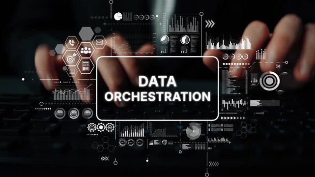 Modern Data Orchestration Concept with Hands on Keyboard and Digital Graphics for Technology Solutions and Innovations. Asymptotic smart data analytic.