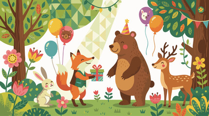 Naklejka premium Animals Celebrate a Whimsical Forest Birthday Party with Gifts
