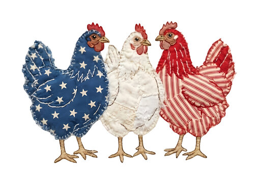 Patriotic chicken t shirt design with patchwork hens in vintage farmhouse American style aesthetic.