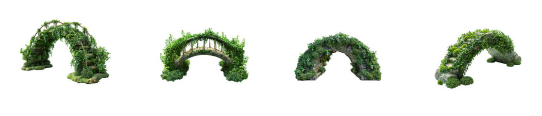 Obraz premium Collection of green leafy plant archways and organic garden hedge bridges isolated on transparent background