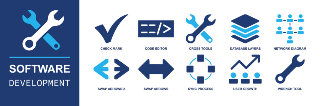 Software tools icon set. Containing check mark, code editor, cross tools, database layers, network map, swap arrows, sync process, user growth, wrench tool and more. Solid fill vector icons.