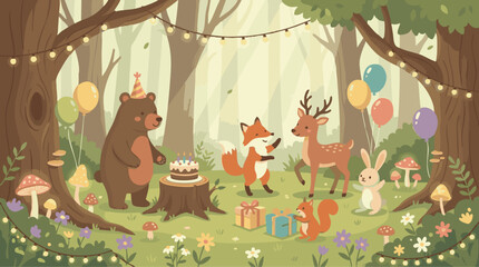 Obraz premium Birthday Woodland Animals Celebration with Cake and Gifts