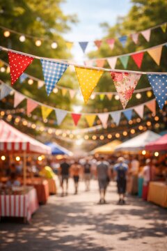 Vibrant pennant flags hang above a bustling street fair, creating a cheerful atmosphere as people stroll past various market stalls and string lights illuminate the day