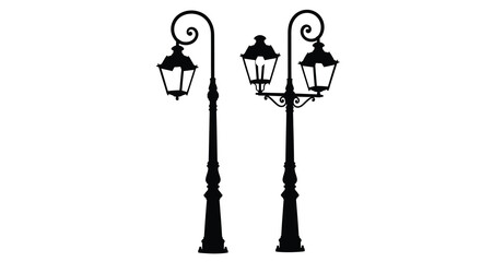 Obraz premium Two ornate street lamps stand against a white background silhouette