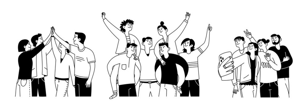 Vector illustration of happy people, friends, men and women. Team, selfie, game. Friendship concept. Diversity of people, isolated