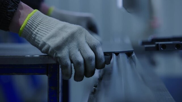 Worker cutting and feeding metal sheet on industrial assembly table in factory workshop, close moving follow.